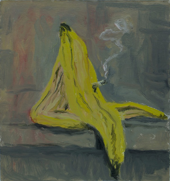 reclining banana smoking a cigarette
Öl auf Wabenkarton
36,5 x 33,5 cm
2021